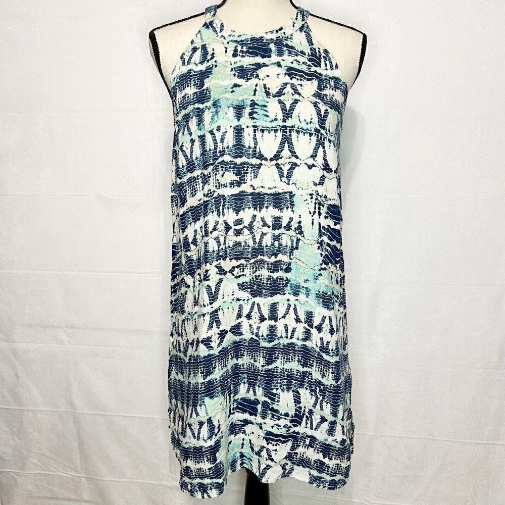 Nicole Miller 100% Linen Halter Sleeveless Tie-Dye Blue Aqua Short XS Dress